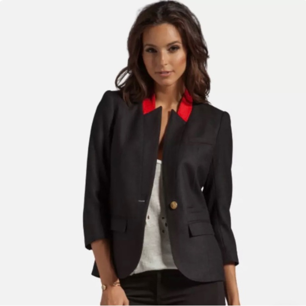 SMYTHE Flat Lapel Collar Blazer Jacket in Black & Poppy Red 100% Wool Women's 2P
